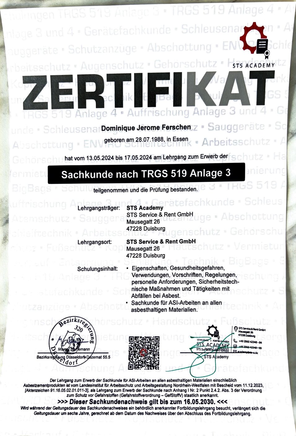 Zertifikat Dominique Sachkunde nach TRGS 519 Anlage 3